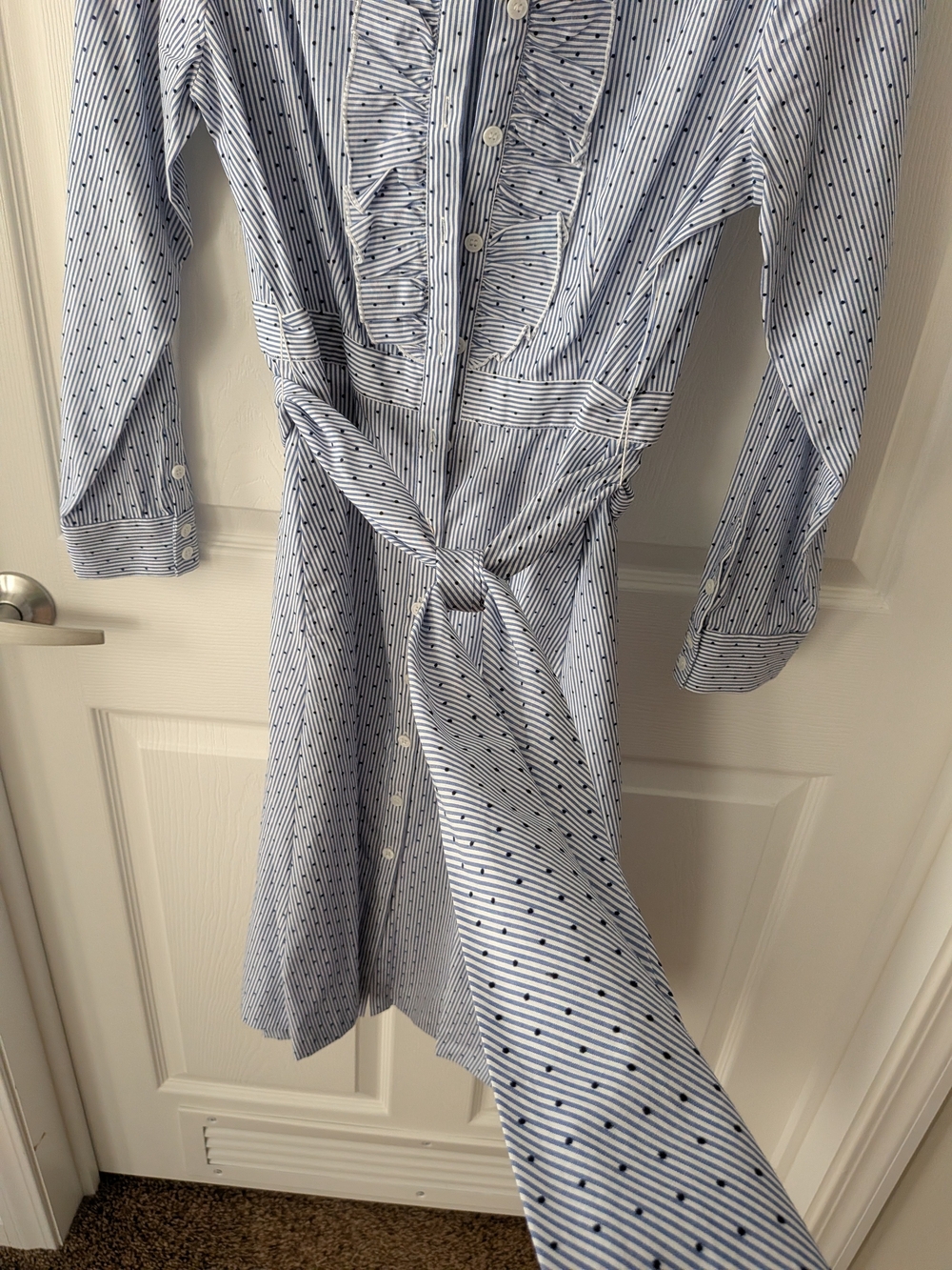Court & Rowe Dotted Blue Pin Stripe Ruffle-Front Button Dress - Picture 5 of 9